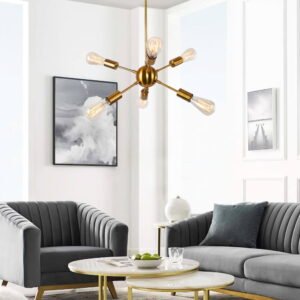 Mid Century 6-Light Brass Sputnik Linear Chandelier Light