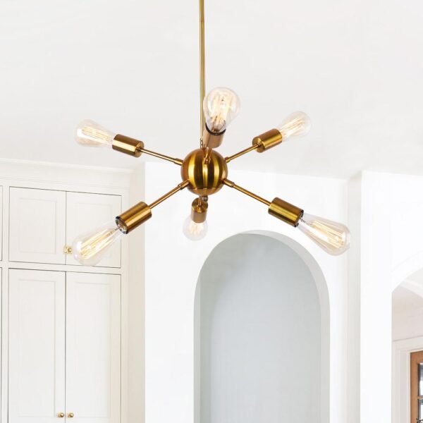 Mid Century 6-Light Brass Sputnik Linear Chandelier Light - Image 3