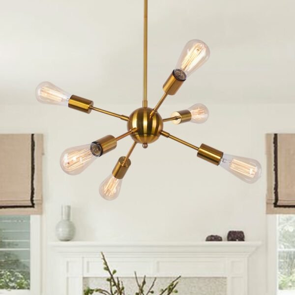 Mid Century 6-Light Brass Sputnik Linear Chandelier Light - Image 2